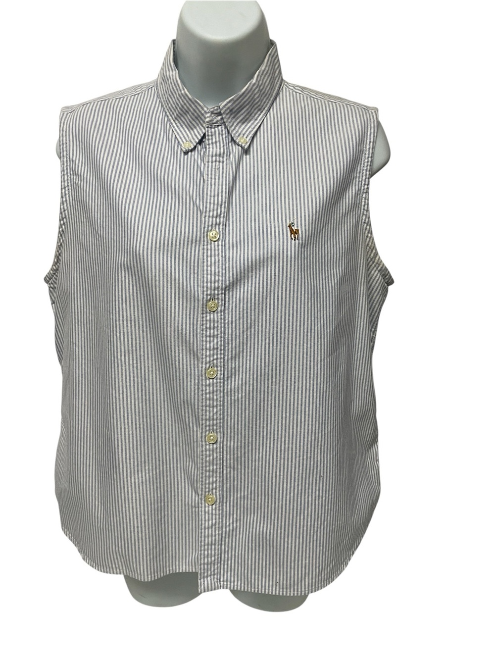 Ralph Lauren Sleeveless Button-Down Shirt in White and Blue Stripe